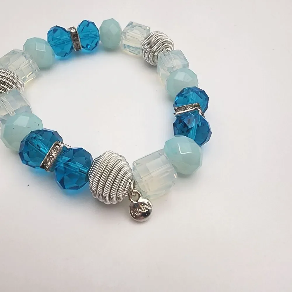 Roman Blue Crystal & Silver Tone Beads Stretchy Bracelet